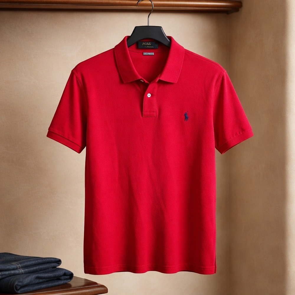 Polo Ralph Lauren Mens L Redβ Short Sleeve Pique Polo Shirt Large Hi-Lo Hem